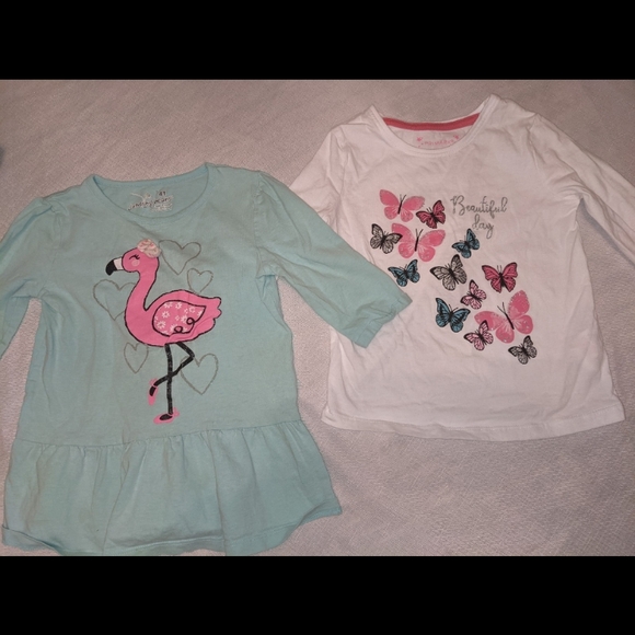 Jumping Beans Teal Flamingo and Primark White Butterfly Long Sleeve Tees - Picture 1 of 3